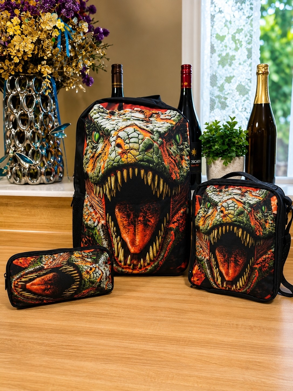 Men's Black & Orange Dino Graphic Backpack Set - Brand